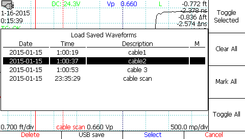 Loading saved TDR scans-waveforms-traces from the cable library
